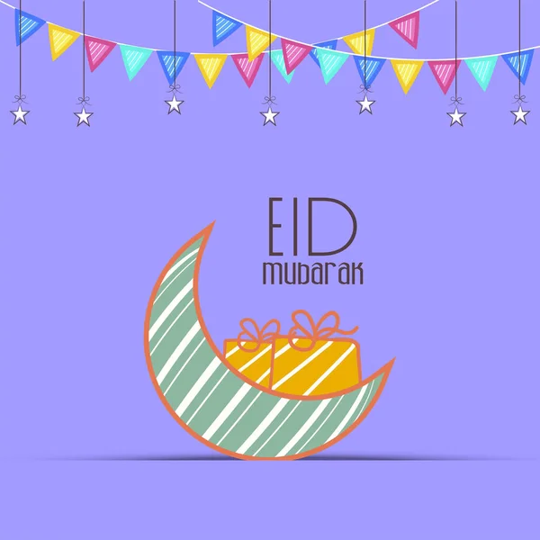 Eid Mubarak Вітальна Картка Півмісяцем Подарункові Бокс Зірки Hang Bunting — стоковий вектор