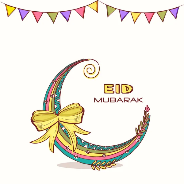 Eid Mubarak Grußkarte Mit Bunter Mondsichel Schleife Und Wehenden Fahnen — Stockvektor