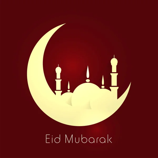 Eid Mubarak Greeting Card Crescent Moon Mosque Red Background — Stockový vektor