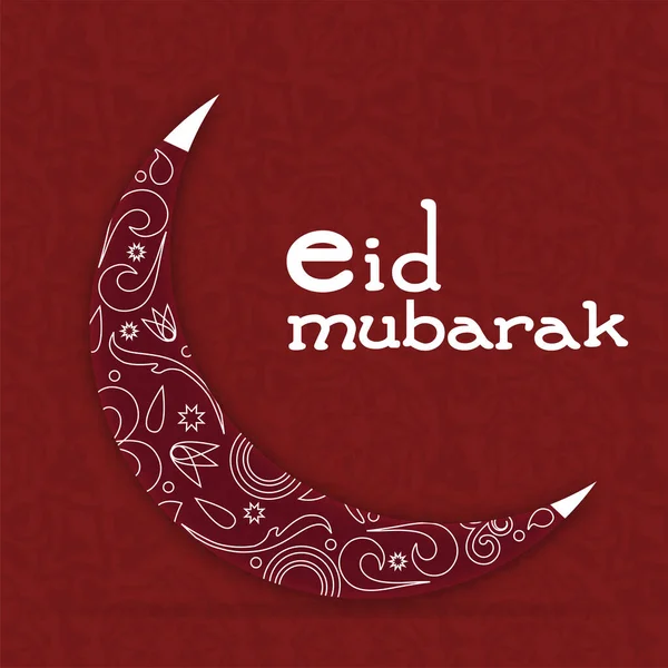 White Eid Mubarak Font Crescent Moon Red Flourish Background — стоковый вектор