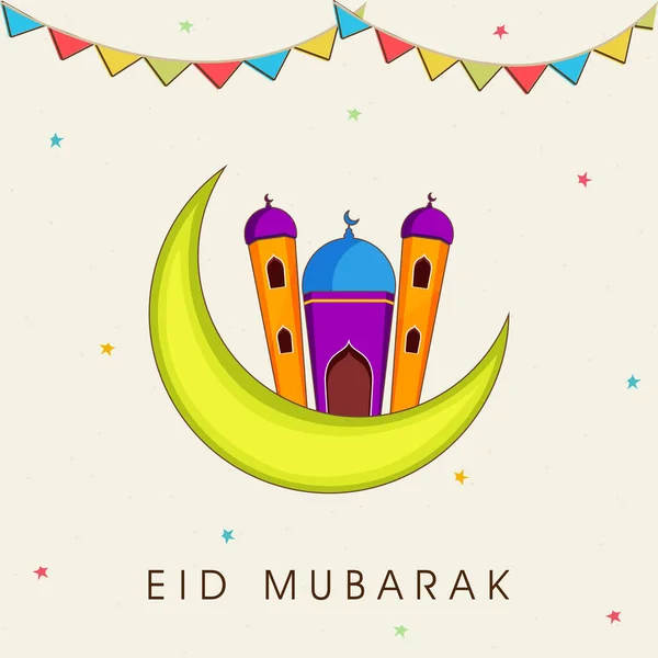 Eid Mubarak Greeting Card Colorful Mosque Crescent Moon Stars Bunting — Stock Vector