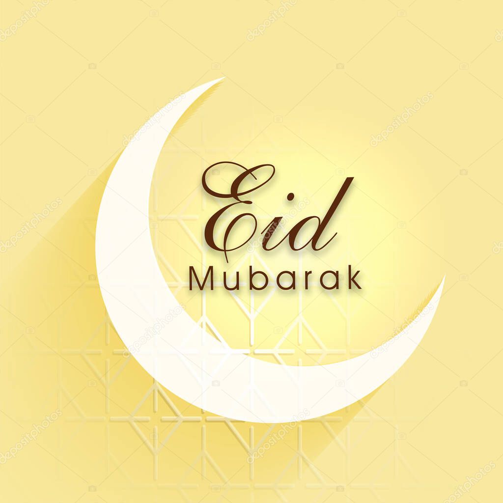 Eid Mubarak Font With White Crescent Moon On Yellow Islamic Pattern Background.