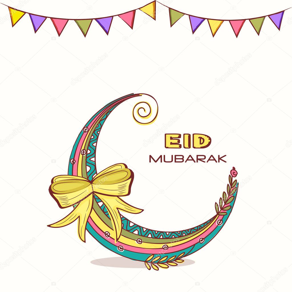 Eid Mubarak Greeting Card With Colorful Crescent Moon, Bow Ribbon And Bunting Flags On White Background.