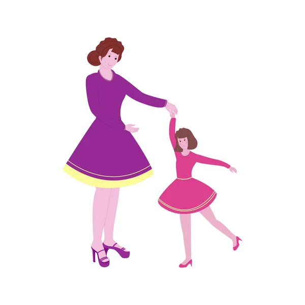 现代年轻母亲和女儿在白种人的背景下共舞 — 图库矢量图片