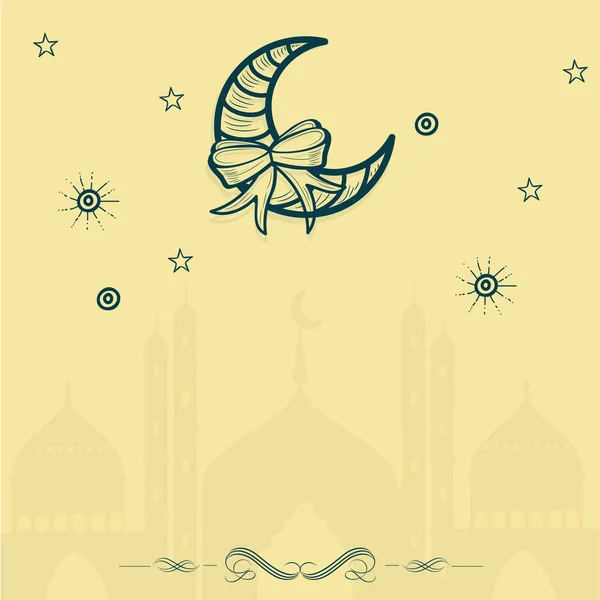 带弓带 星光和复制空间的涂鸦形新月在黄色轮廓清真寺背景上 — 图库矢量图片