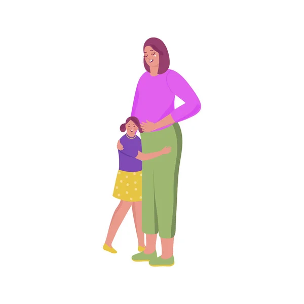 Pregnant Woman Hugging Her Daughter Standing Pose — стоковый вектор