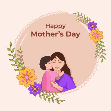 Happy Mother's Day Celebration Concept With Cute Baby Kissing Her Mom And Floral On Peach Background.