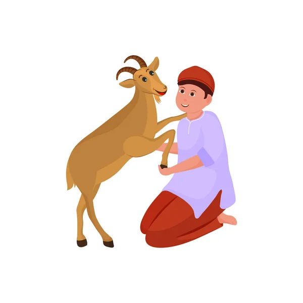 Muslim Young Boy Holding Goat Sitting Pose White Background — Stock vektor