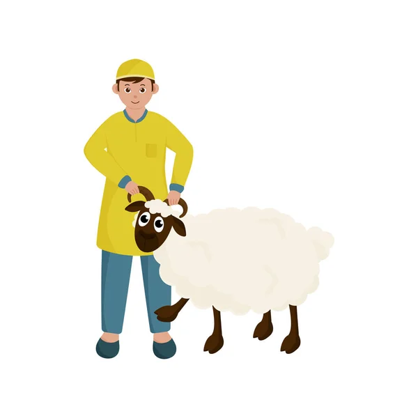 Islamic Young Boy Holding Horns Sheep White Background — Stock Vector