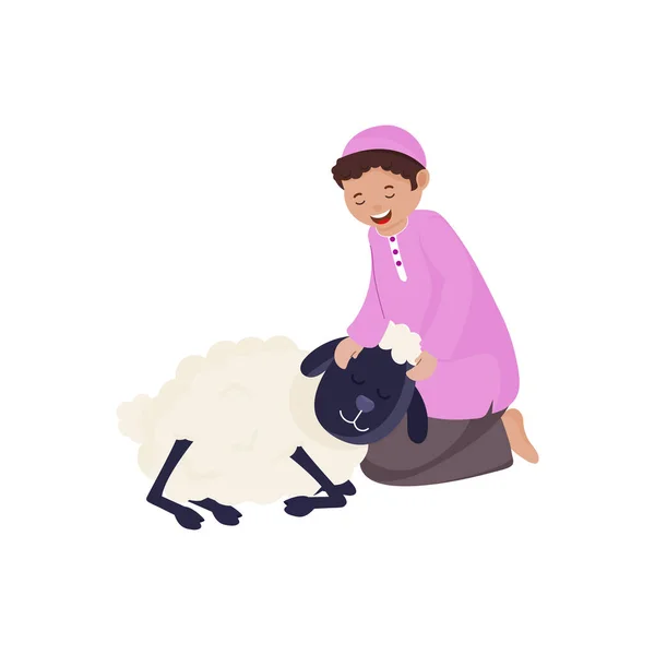 Islamic Young Boy Holding Cartoon Sheep Sitting Pose — Stockvector