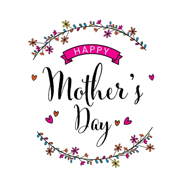 Happy Mother Day Lettering Hearts Floral Sticks Decorated White Background — Vector de stock