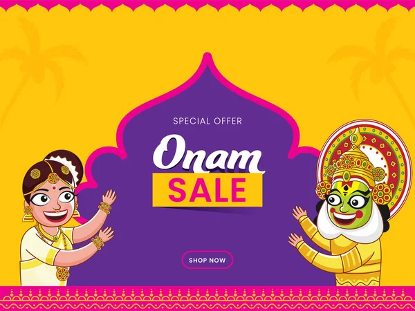 Onam Sale Poster Design Com Dançarina Kathakali Personagem Sul Mulher — Vetor de Stock