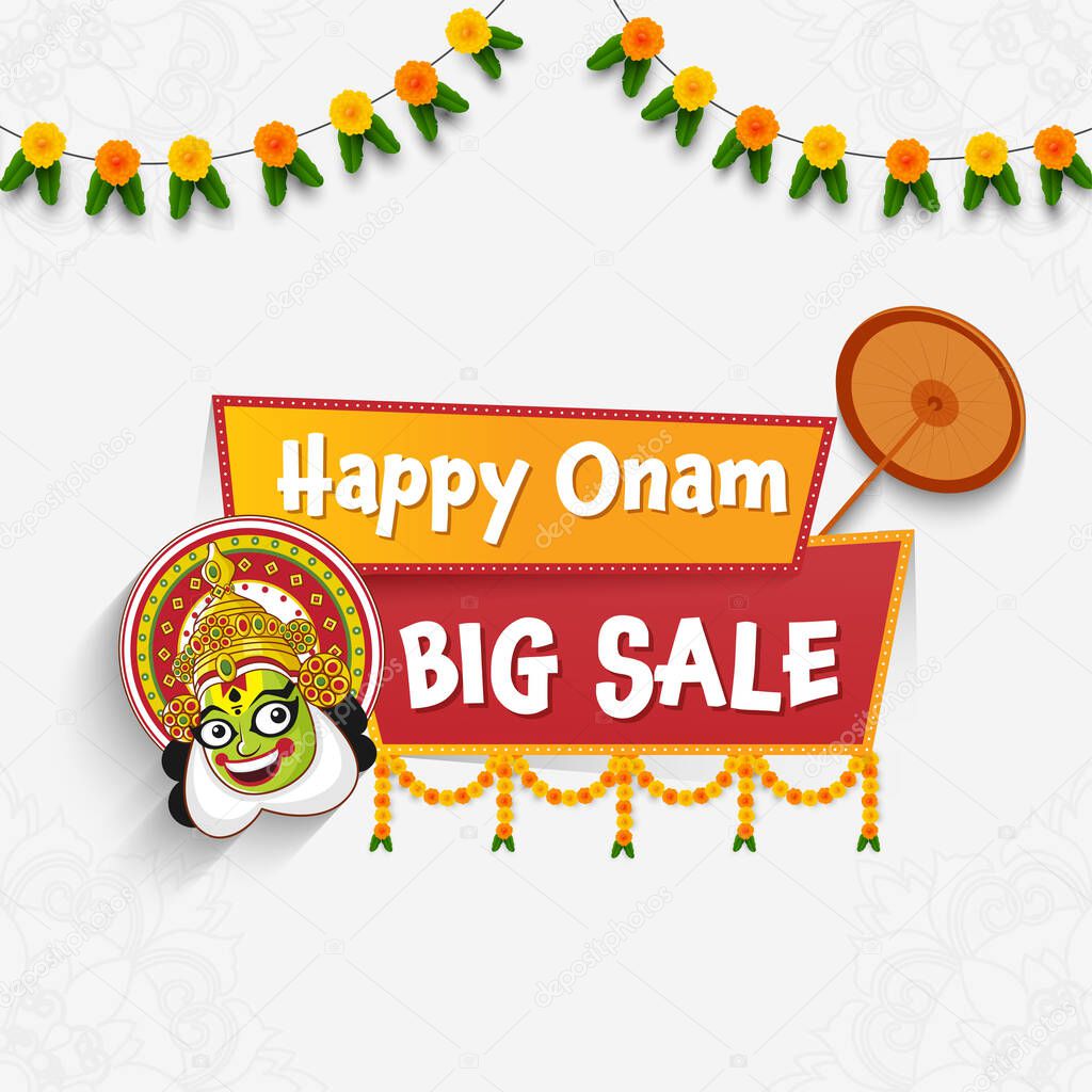 Onam Big Sale Poster Design With Kathakali Dancer Face, Olakkuda (Umbrella) And Floral Garland (Toran) On White Mandala Corner Background.