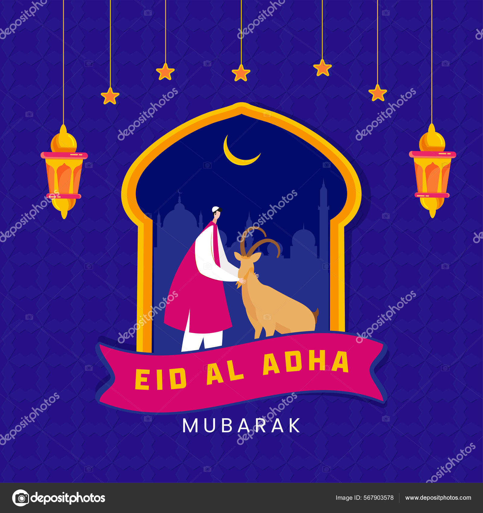Eid Adha Mubarak Poster Design Islamic Cartoon Man Holding Goat Stock ...