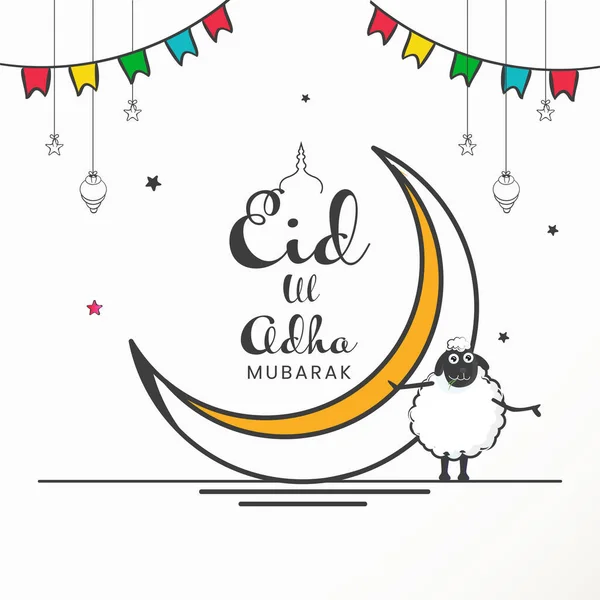 Eid Adha Mubarak Font Doodle Crescent Moon Cartoon Sheep Lanterns — Vettoriale Stock