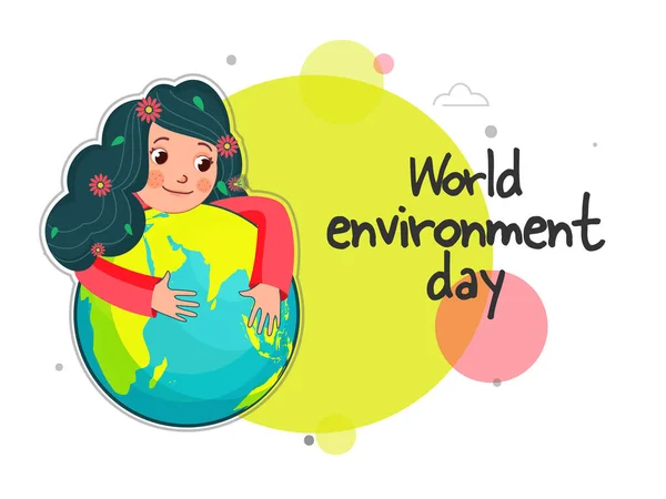世界環境デーフォント かわいい女の子のための地球のグローブシャルトリューズグリーンと白の背景 — ストックベクタ