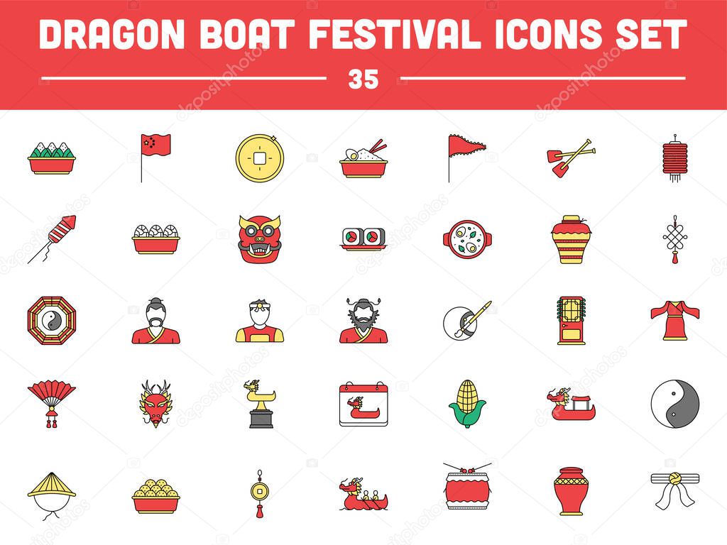 Colorful Dragon Boat Festival 35 Icon Set In Flat Style.