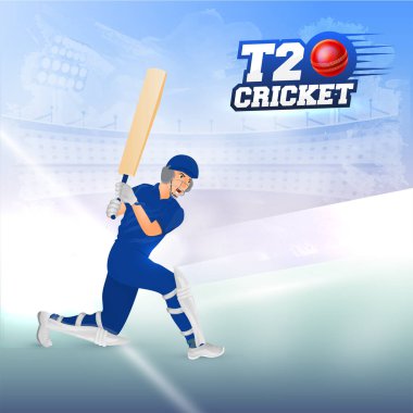 Soyut Mavi Parlak Stadyum Arkaplanında Poz Veren Oyuncu ile Çekirge Tarzı T20 Kriket Yazıtipi.