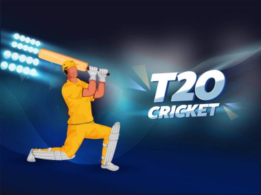 Soyut Mavi Stadyum Işıkları Arkaplanında Poz Veren Yüzsüz Vurucu ile T20 Kriket Yazı Tipi.