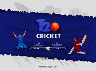 A Takımı ile B takımı arasındaki T20 Kriket Maçı çizgi film oyuncusu, bowling oyuncusu yırtık kağıt gri ve mavi arka plan.