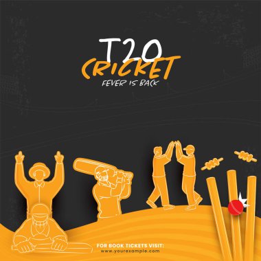 T20 kriket ateşi geri tepti. Etiket stili kriket oyuncuları farklı pozisyonlarda ve kırmızı top siyah arka planda yere çarpıyor..