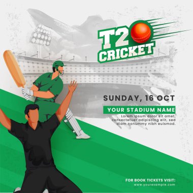 Sticker Style T20 Kriket Yazıtipi Kırmızı Top, Yüzsüz Kriket Oyuncuları Yeşil ve Gri Fırça Efekti Üzerine Eylem Pozu Verin.