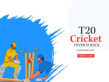 T20 kriket ateşi, tükenmiş vurucu, kaleci, mavi ve beyaz arka planda tökezlemek için topa vuruyor..