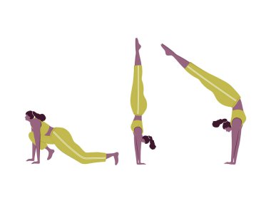 Çizgi film Genç Bayanlar Üç Pozisyonda Egzersiz Yapıyor.