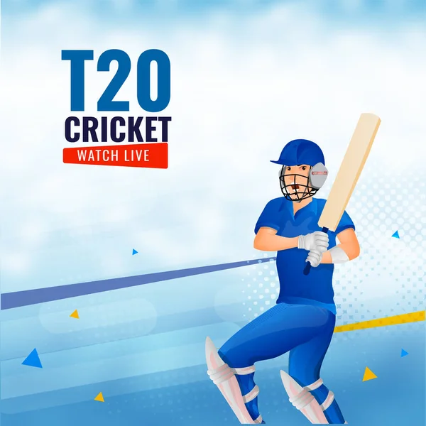 T20 Cricket Watch Canlı Poster Tasarımı Batsman oyuncusuyla birlikte mavi ve beyaz arka planda poz veriyor.
