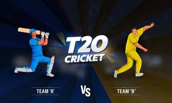 T20 Cricket Banner Ontwerp Met Gezichtsloze Batsman Bowler Player Van — Stockvector