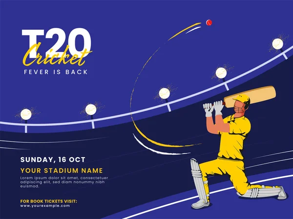 T20 Kriket Ateşi Geri Döndü Çizgi filmdeki vurucu oyuncu mavi zeminde topa vuruyor.