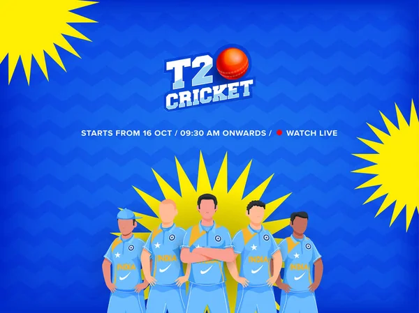 Sticker Style T20 Cricket Font Red Ball Faceless India Cricketer — Vector de stock
