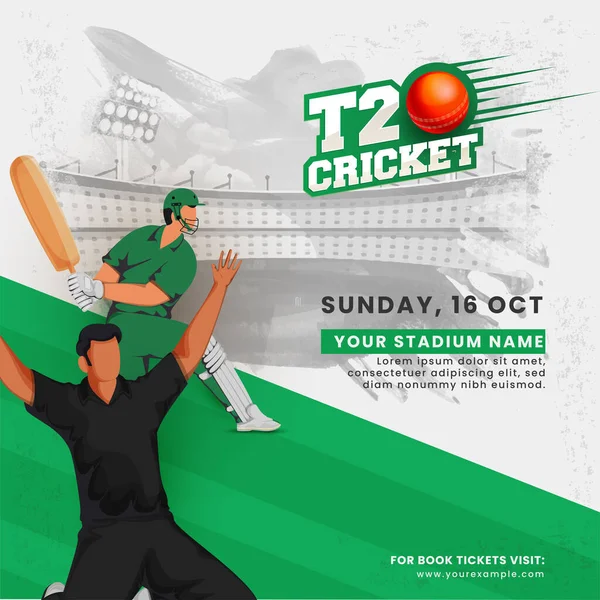 Sticker Style T20 Kriket Yazıtipi Kırmızı Top, Yüzsüz Kriket Oyuncuları Yeşil ve Gri Fırça Efekti Üzerine Eylem Pozu Verin.