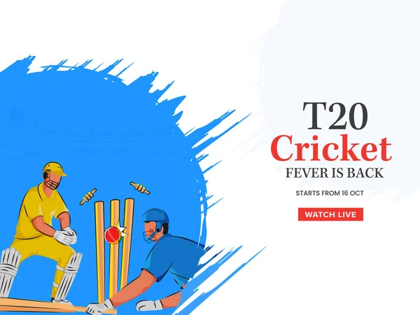 T20 kriket ateşi, tükenmiş vurucu, kaleci, mavi ve beyaz arka planda tökezlemek için topa vuruyor..