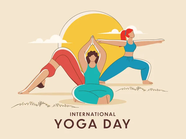 International Yoga Day Concept Faceless Young Ladies Practicing Asana Pose — 스톡 벡터