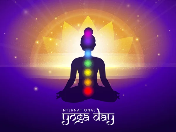 International Yoga Day Concept Silhouette Female Meditating Body Chakras Symbols — Vetor de Stock