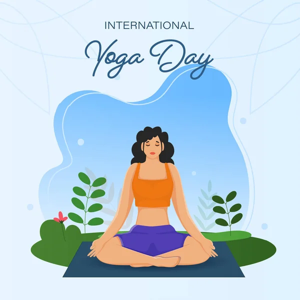 International Yoga Day Concept Young Lady Meditating Mat Floral Blue — Stockvektor