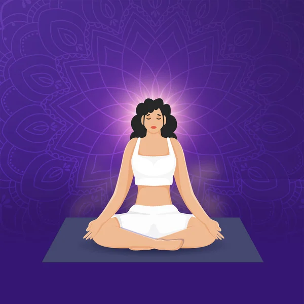 Beautiful Young Girl Meditating Mat Purple Mandala Pattern Background — Stock Vector