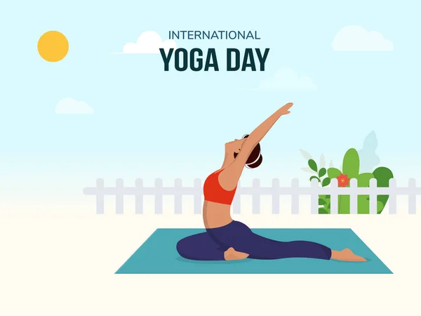 Concepto Del Día Internacional Del Yoga Con Joven Dama Practicando — Archivo Imágenes Vectoriales