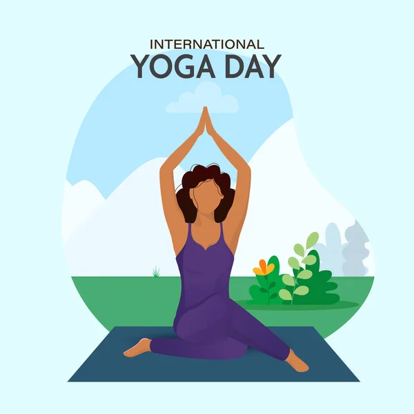 International Yoga Day Concept Faceless Young Lady Practicing Yoga Sukhasana — Vettoriale Stock