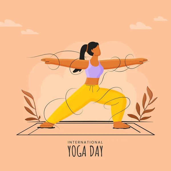 International Yoga Day Poster Design Faceless Young Girl Practicing Virabhadrasana — 스톡 벡터