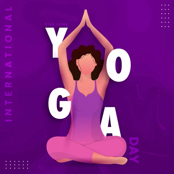 International Yoga Day Font Faceless Young Lady Meditating Lotus Pose — 스톡 벡터