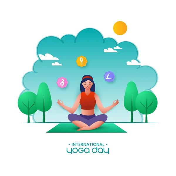 International Yoga Day Poster Design Young Girl Meditating Lotus Pose — 스톡 벡터