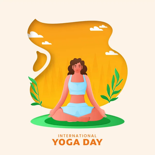 International Yoga Day Concept Young Lady Meditating Paper Cut Orange — 스톡 벡터