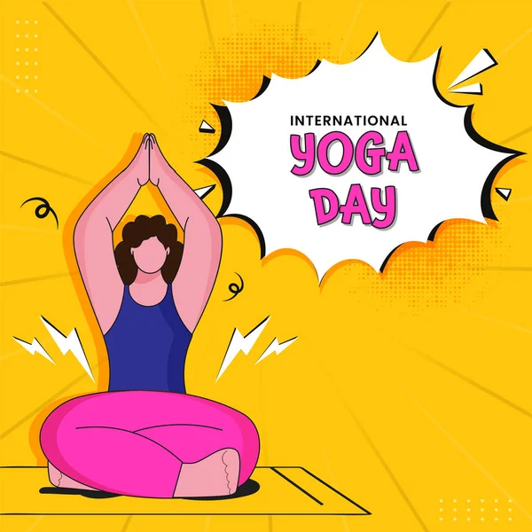 Comic International Yoga Day Font Faceless Young Woman Meditating Orange — 스톡 벡터