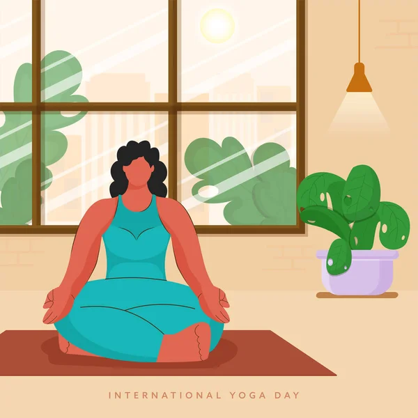 International Yoga Day Poster Design Faceless Young Woman Meditating Home — 스톡 벡터