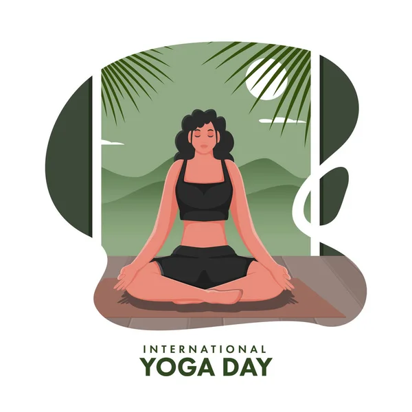 International Yoga Day Poster Design Beautiful Young Lady Meditating Mat — 스톡 벡터