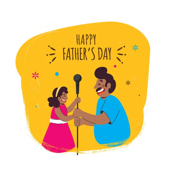 Happy Father Day Concept Cheerful Man His Daughter Holding Microphone — стоковый вектор