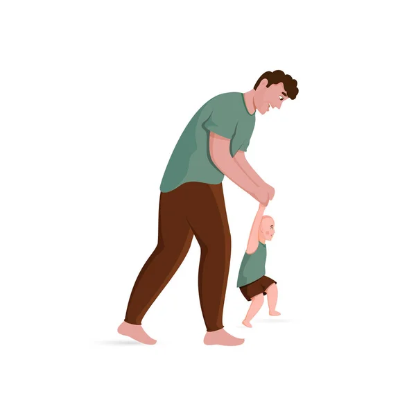 明るい父は赤ん坊が白い背景を歩くのを助ける — ストックベクタ