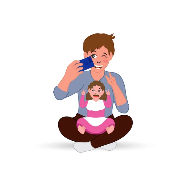 Cheerful Young Man Taking Selfie His Daughter Sitting Pose — Διανυσματικό Αρχείο